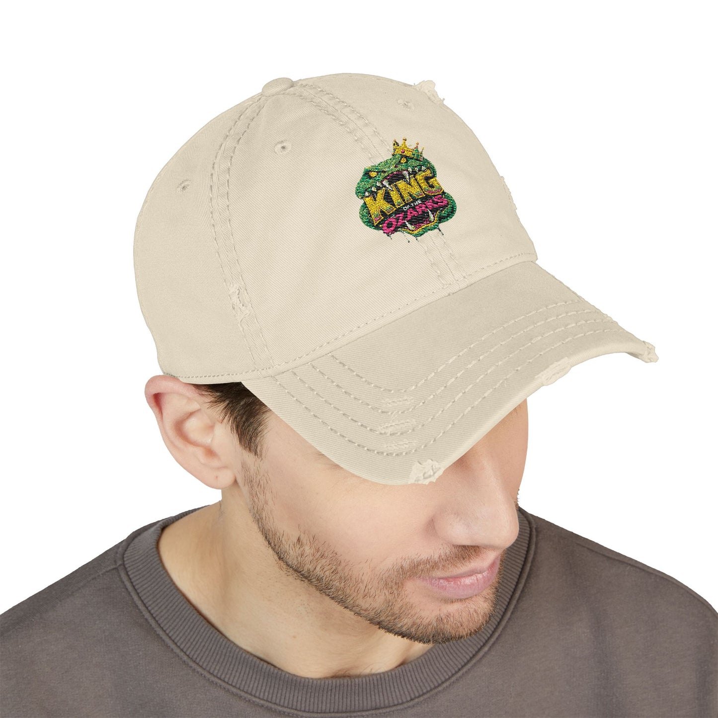 KING OF THE OZARKS Logo Distressed Embroidered Dad Hat — Colorful Floral Logo Cap